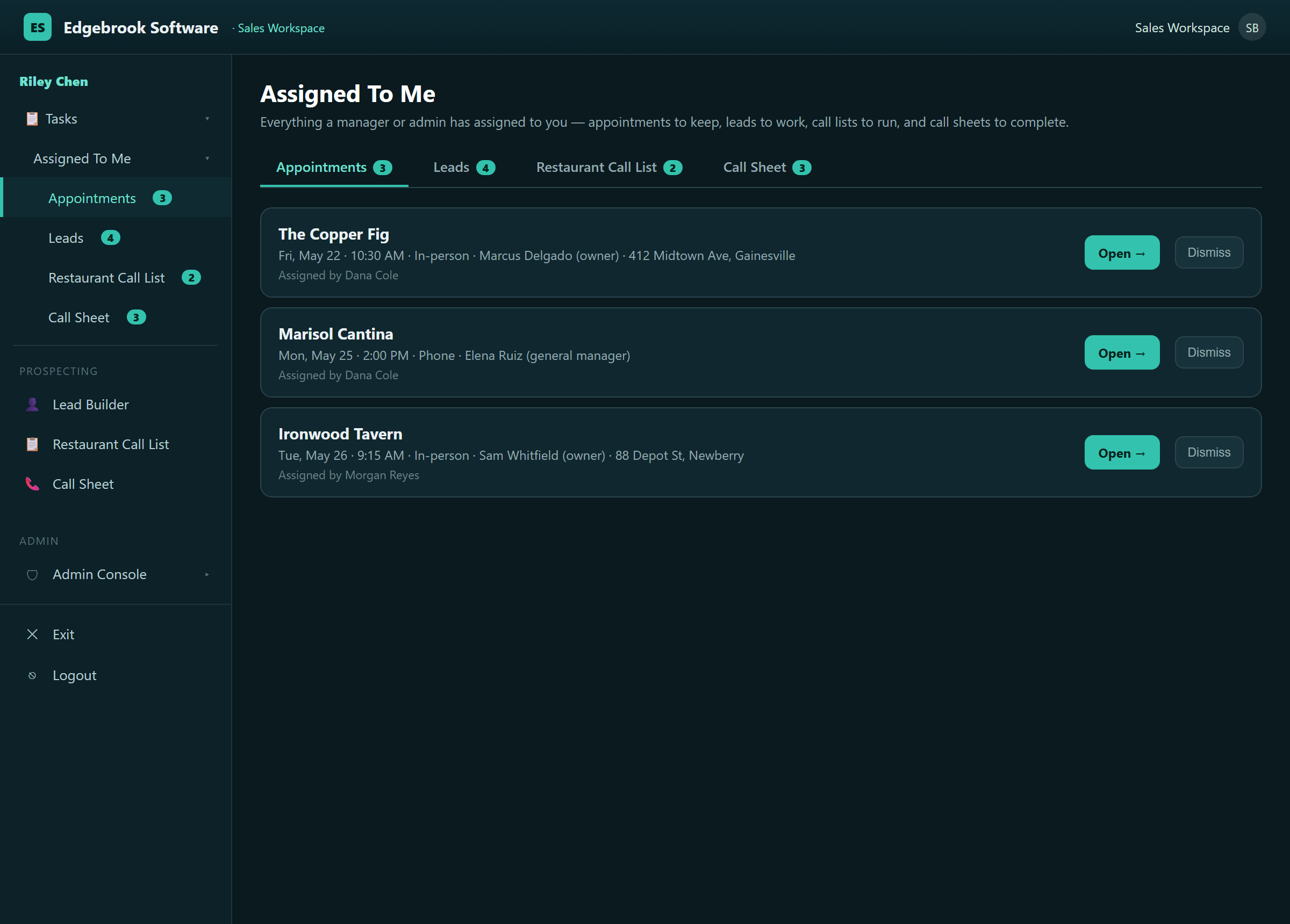 Assigned To Me — a rep’s personal worklist with live task badges